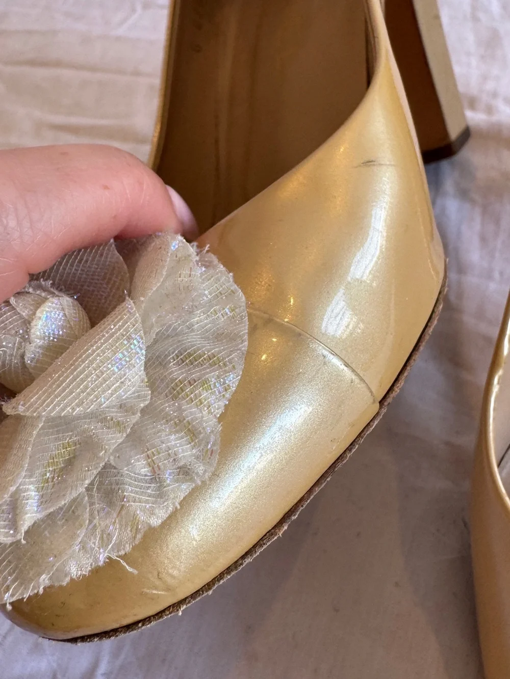 CHANEL Yellow Patent Camellia Iridescent Flower & CC Ballet Heels
